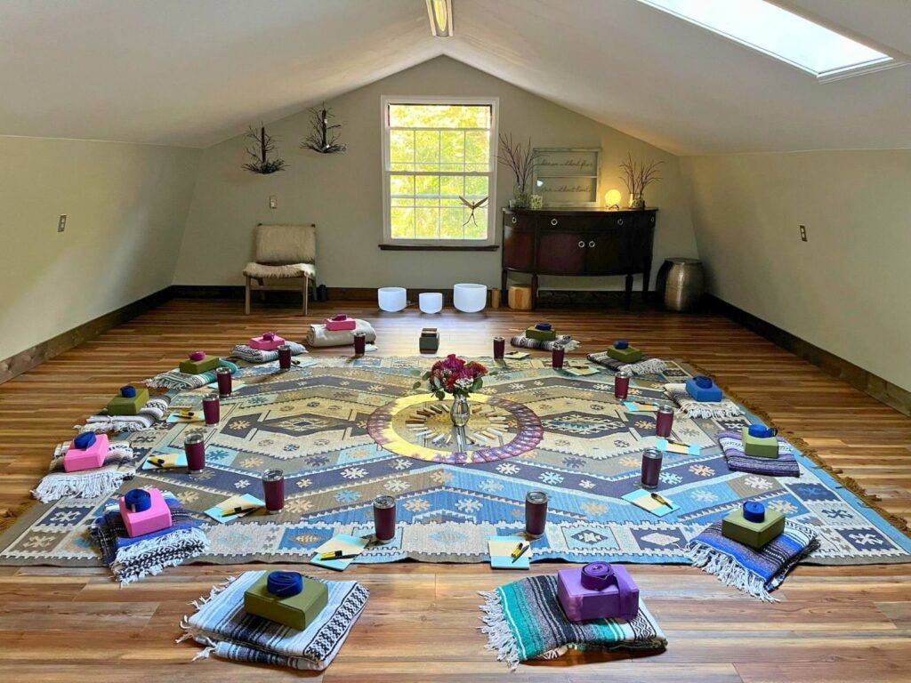 mountain yoga retreat in North Carolina with cozy yoga barn and women's circles