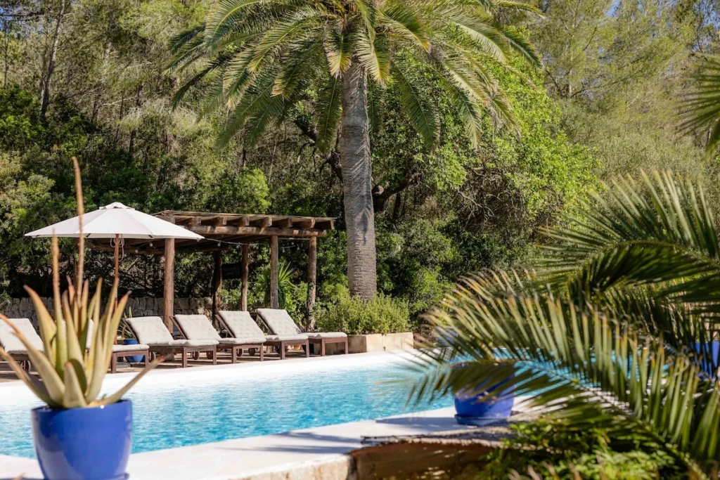 Son Boronat pool terrace during women's yoga retreat in Spain