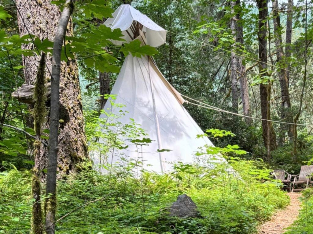 pnw yoga retreat in the forest of Oregon where guests stay in tipis