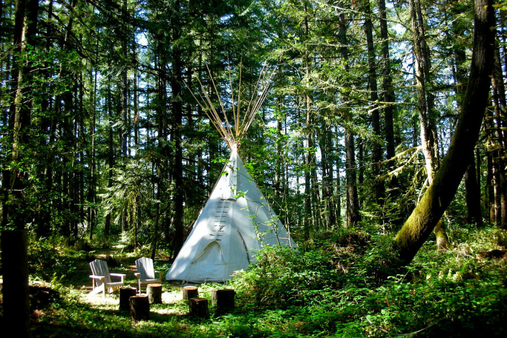 forest and tipi during pnw women's yoga retreat in Oregon