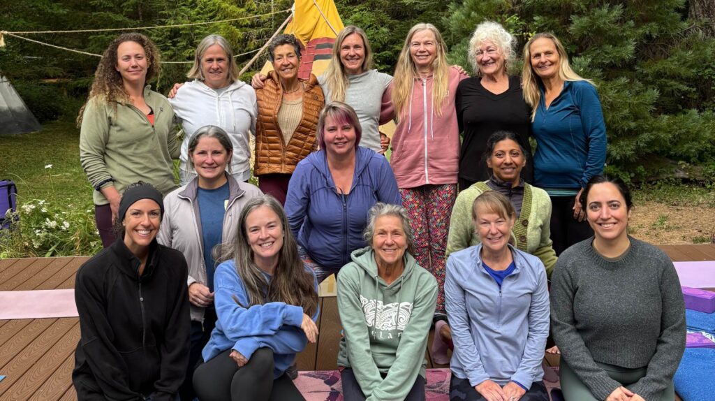 group of nature loving women during glamping yoga retreat in oregon