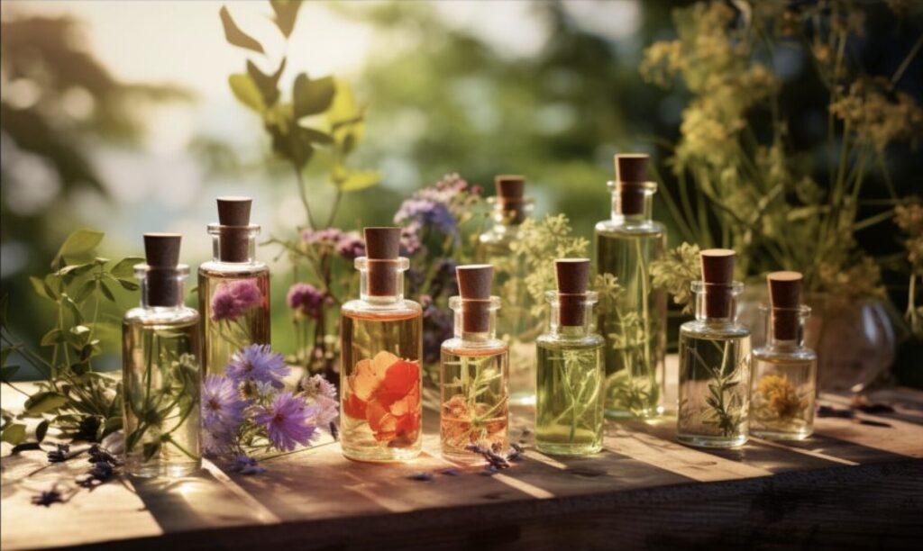 Herbal tincture bottles on a sunny windowsill, part of a daily herbal ritual