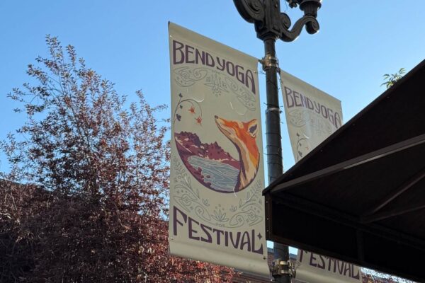 signage from the Bend Yoga Festival in downtown Bend, Oregon
