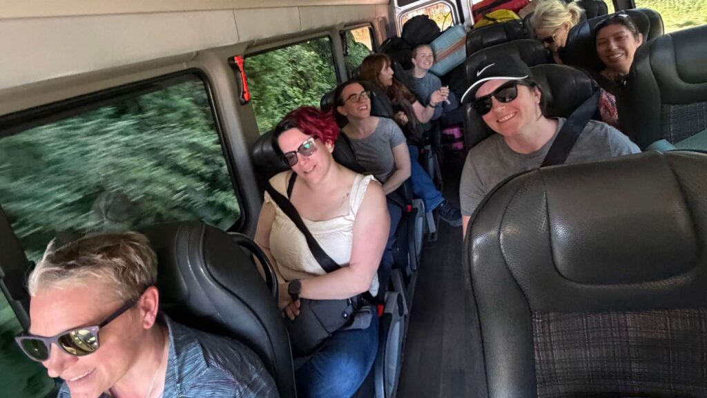 women traveling by bus from Puerto Varas to Tawa Refugio in Chile for a yoga retreat