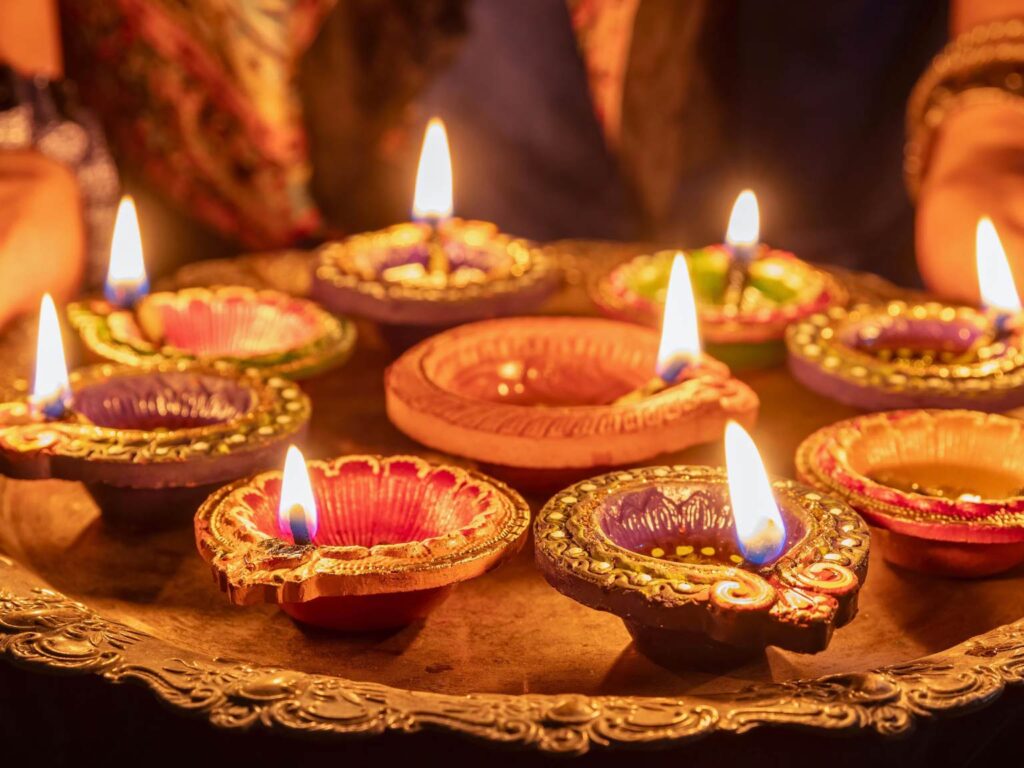 candles lit for goddess Lakshmi during Diwali in India